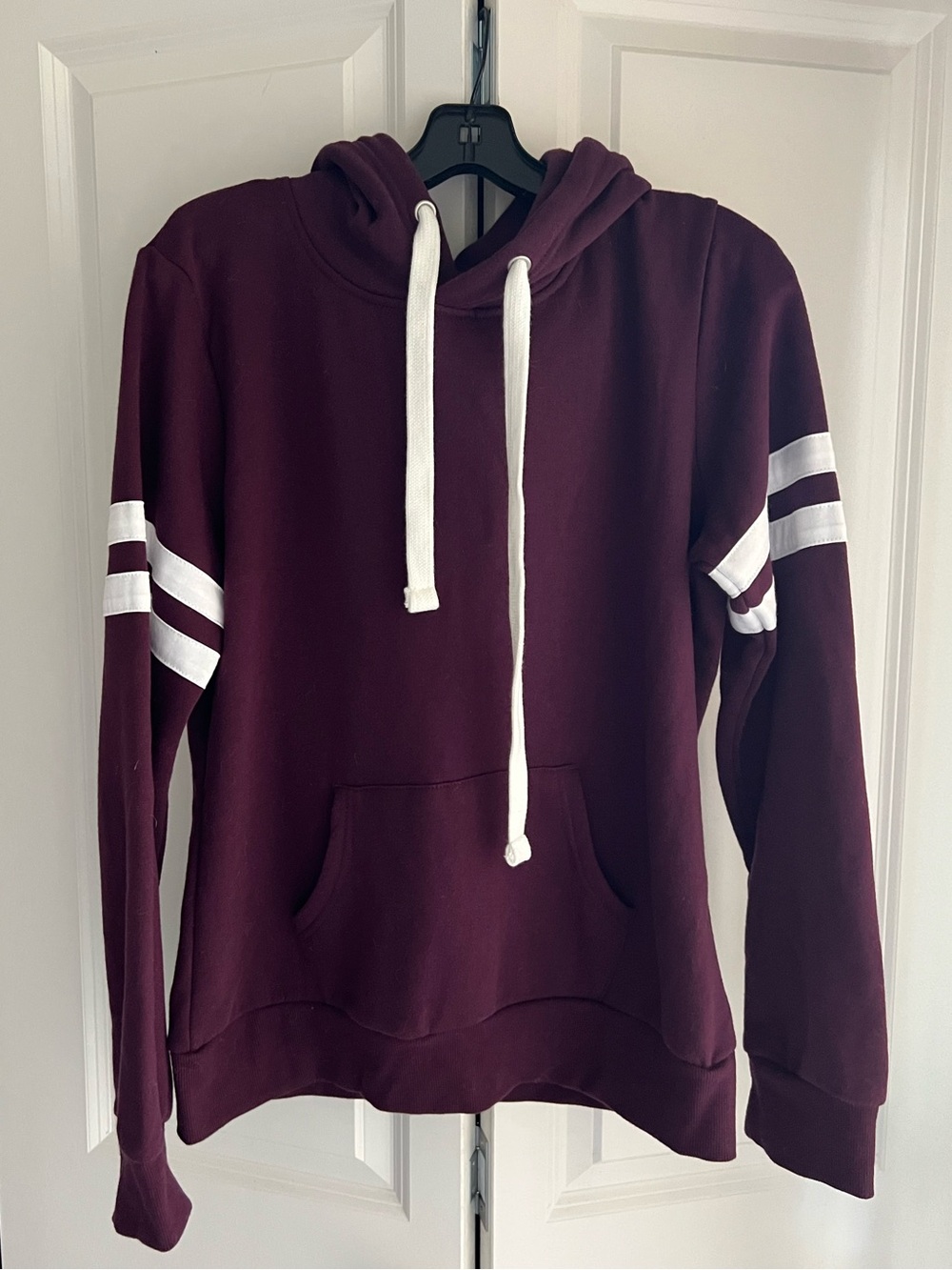 Women's Plum Maroon Hooded Pullover Sweatshirt with White Stripes Medium NWT